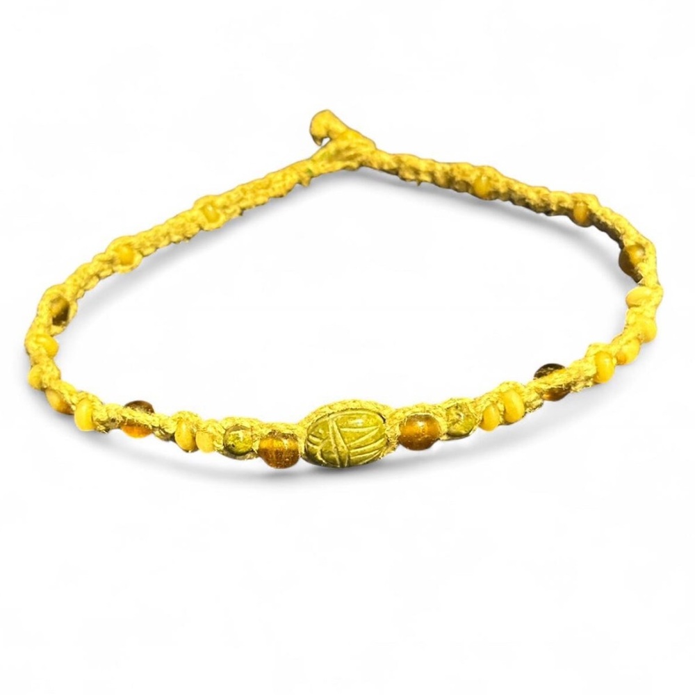 Vintage 90s handmade 
Scarab gemstone and bone hemp necklace
